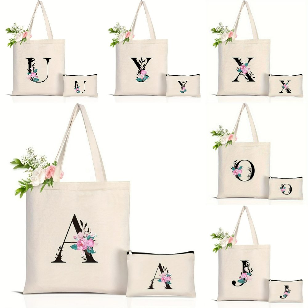 Tote Bag Canvas Print - Elegante floral alfabeto sacola reutilizável eco