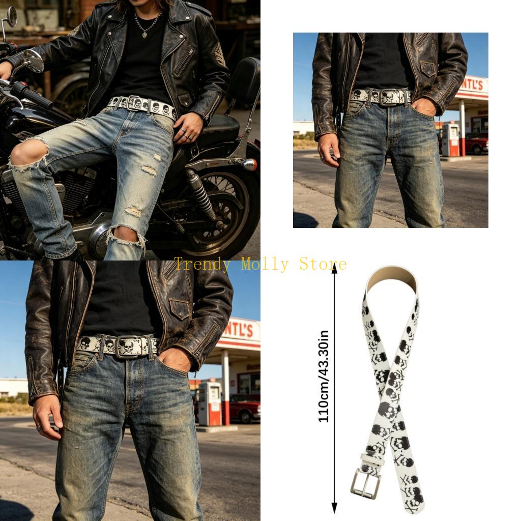 N5KB Modern Skull Art PU Cinto - Street Fashion Reference avaliação e preço